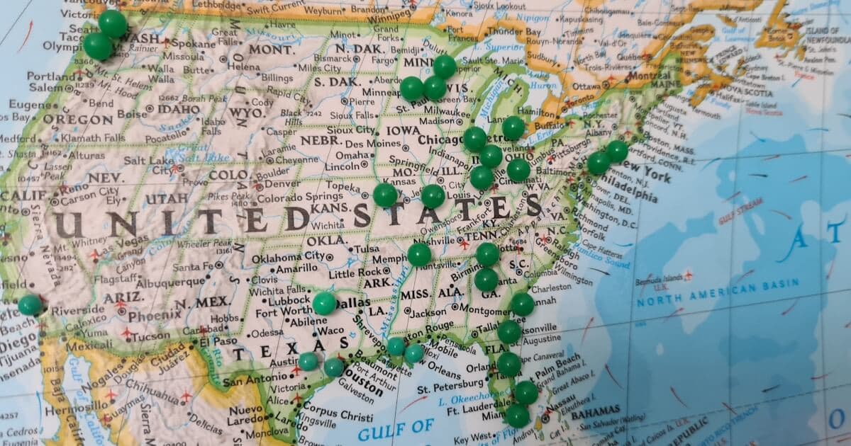 Map of the United States showing six states that enacted sweepstakes casino bans in 2026: California, New York, Indiana, Louisiana, Maine, and Tennessee